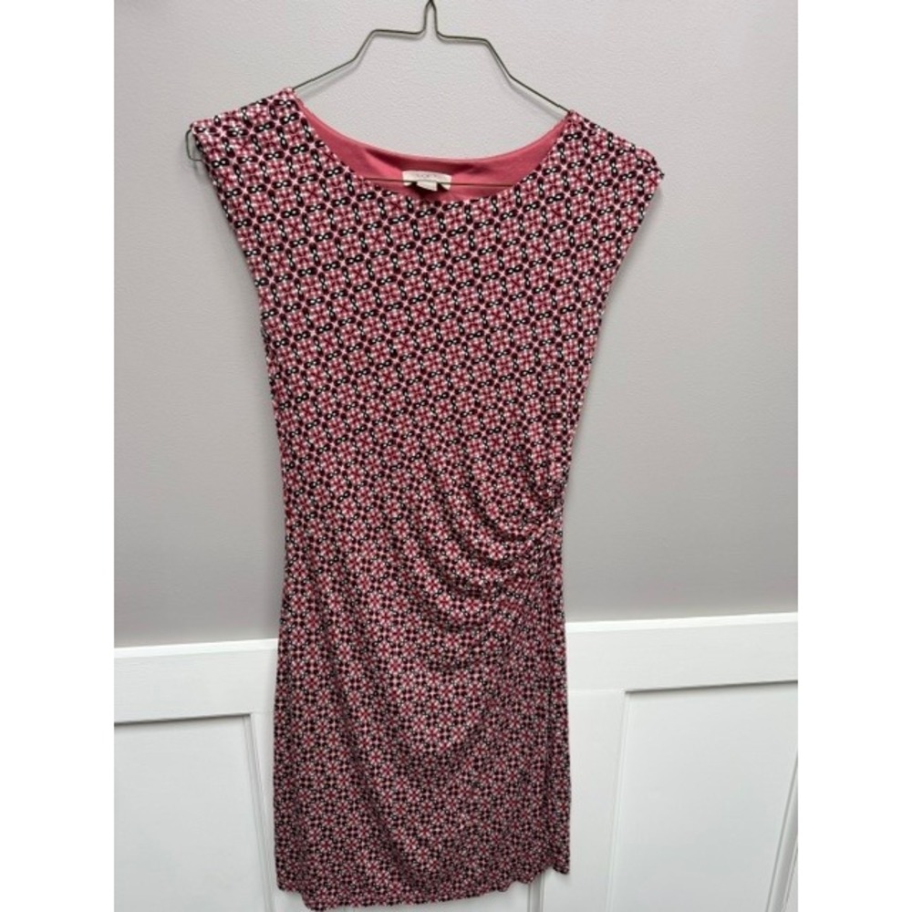Loft Outlet Pink Black Geometric Ruched Sheath Dress Cap Sleeve XS Fully Lined